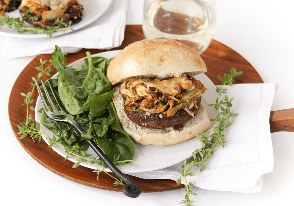stuffed portobello mushroom burgers with a side salad
