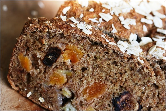 close up of spelt bread with apricots and figs