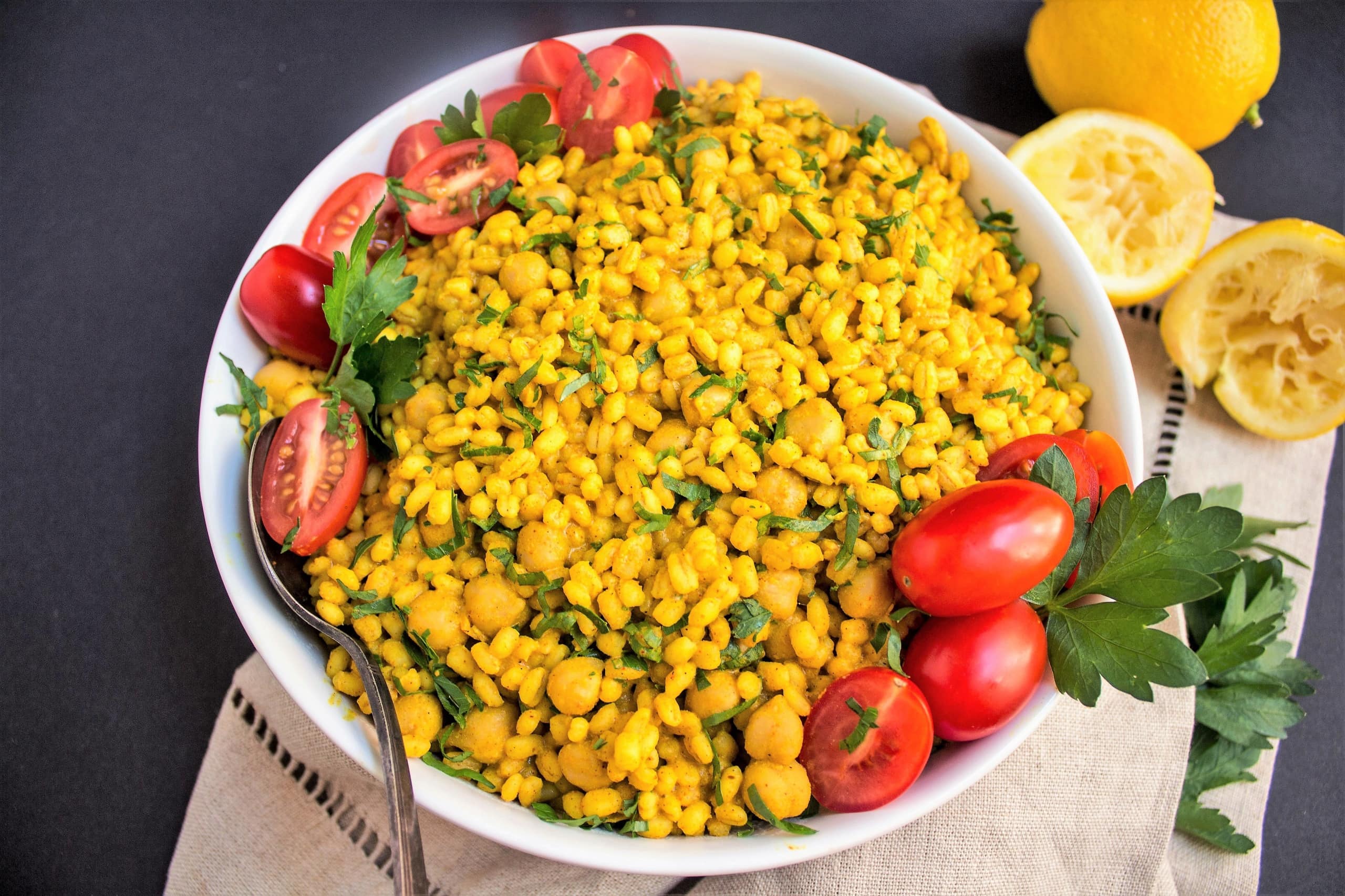curried chickpea barley salad