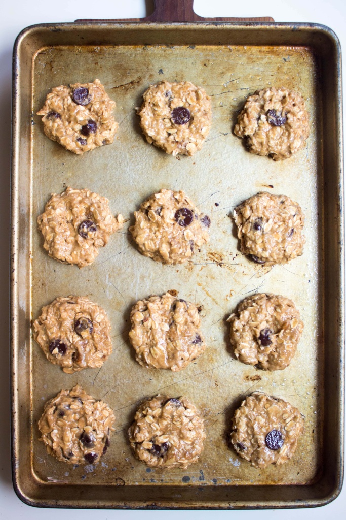 cookie batter mounds on baking sheet