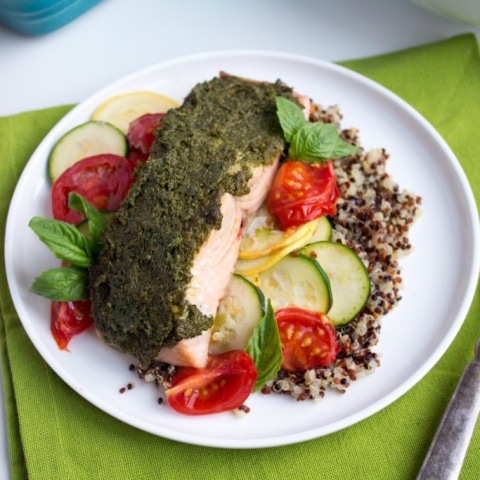 One Pan Baked Pesto Salmon with Veggies (5-Min Prep)