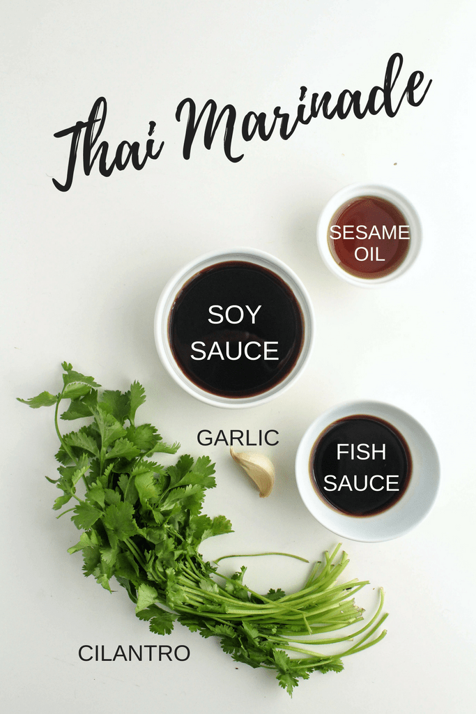 thai healthy chicken marinade ingredients: soy sauce, sesame oil fish sauce, garlic, and cilantro