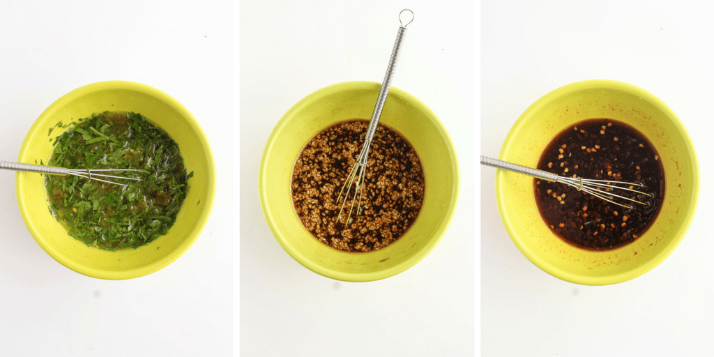 healthy chicken marinades in yellow bowls with a whisk