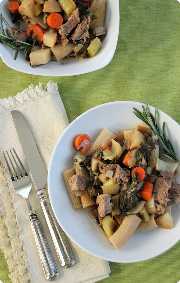 Rigatoni with Slow Cooker Stewed Lamb and Vegetables