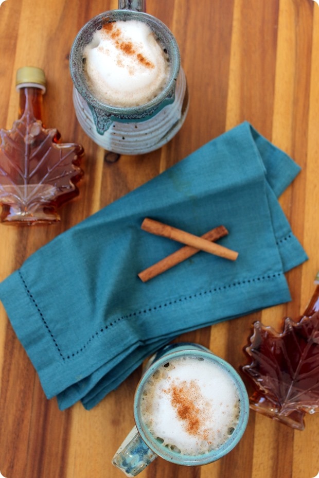 maple latte with cinnamon in blue mugs