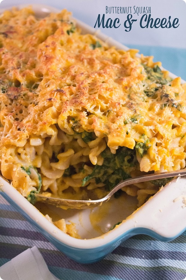 butternut squash mac-n-cheese butternut squash almond milk mac and cheese with kale in a baking dish