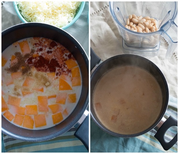 butternut squash mac and cheese prep almond milk mac and cheese in a pot cooking steps