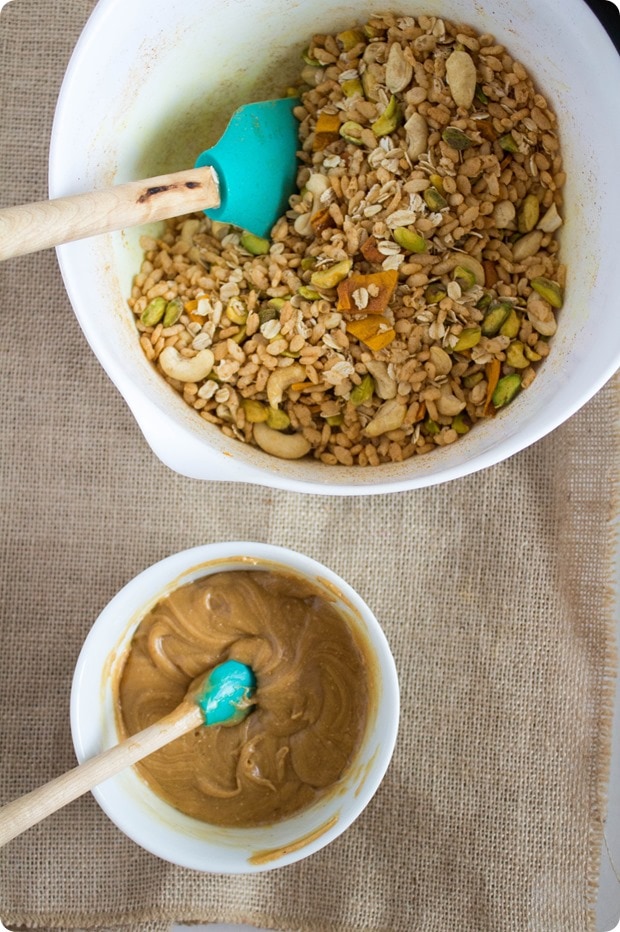 how to make savory granola bars ingredients for puffed rice granola bars in 2 bowls