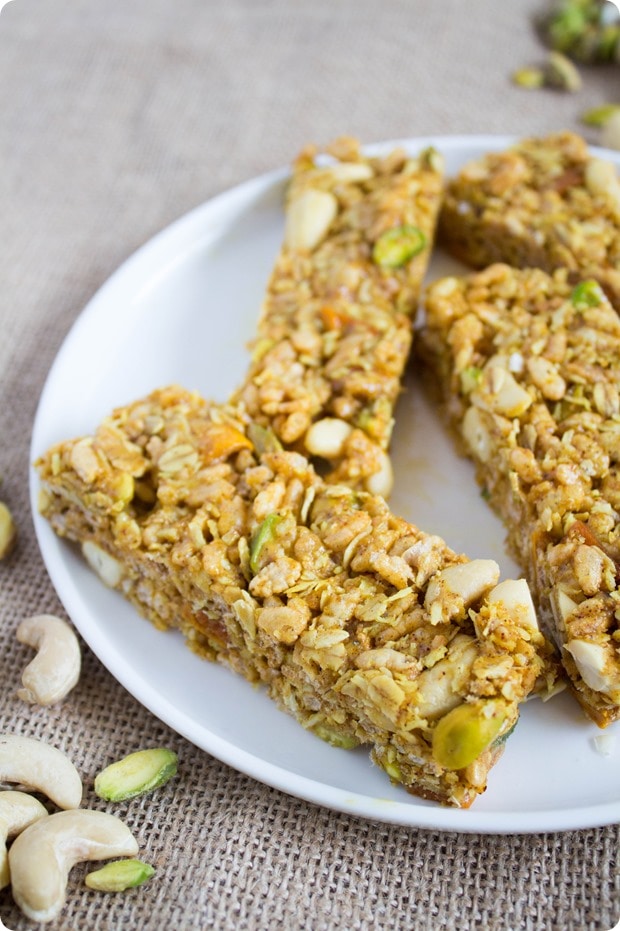 savory curry granola bar recipe 4 puffed rice savory curry granola bars on a plate