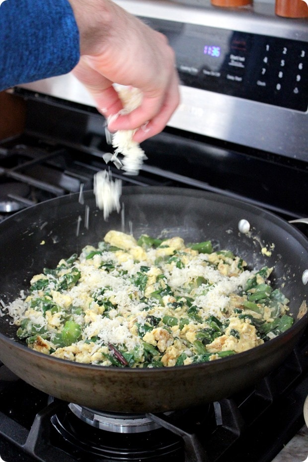 cheesy veggie egg scramble