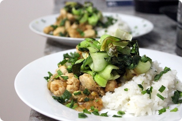chicken with roasted bok choy and rice