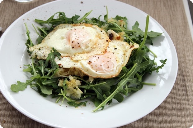 fried eggs arugula sauerkraut