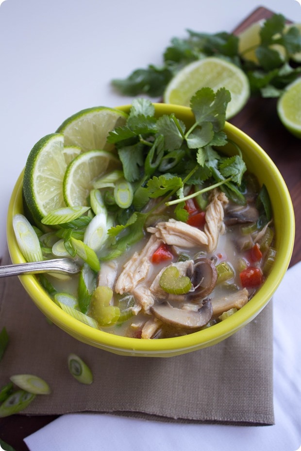 thai coconut chicken soup 1 thai coconut chicken soup in a bowl with limes and herbs