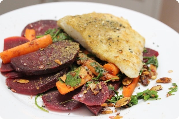 cod with beets carrots arugula