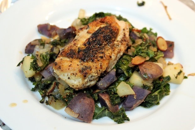 seared chicken with purple potato kale apple