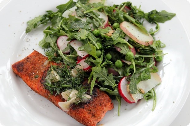 salmon with peas arugula and dill