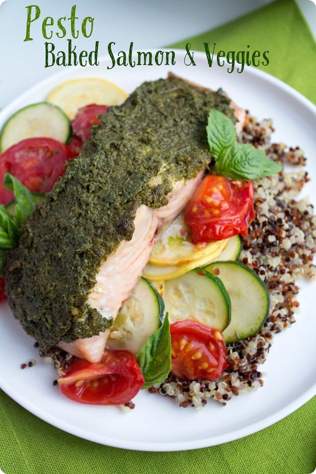 pesto baked salmon and veggies