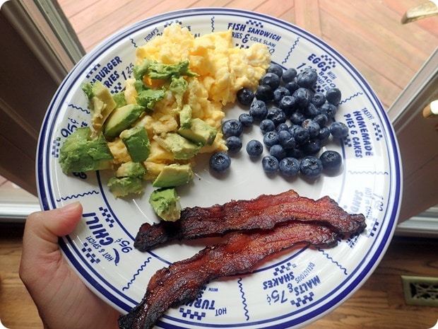 breakfast eggs avocado bacon blueberries