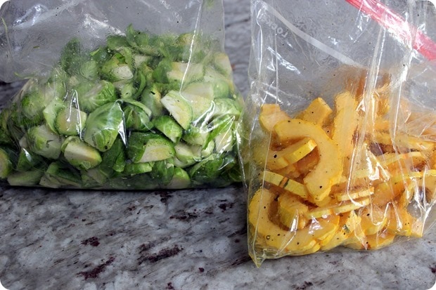 prepped brussels sprouts and squash