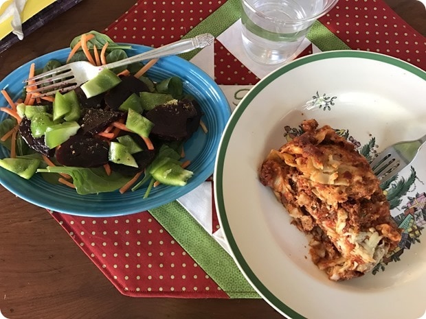 leftover lasagna and salad