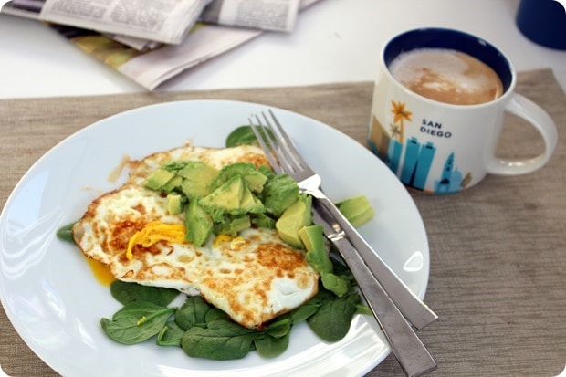 fried eggs with avocado spinach