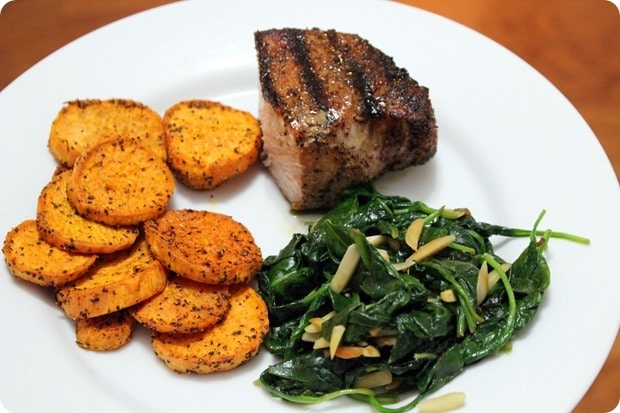 grilled pork with sweet potatoes and spinach