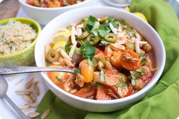 stew in a white bowl on a green napkin