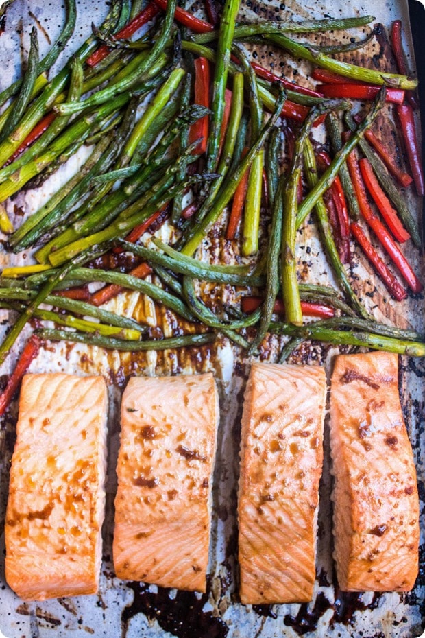 sheet pan ginger soy salmon step 4 asian salmon and veggies with ginger soy glaze on a sheet pan