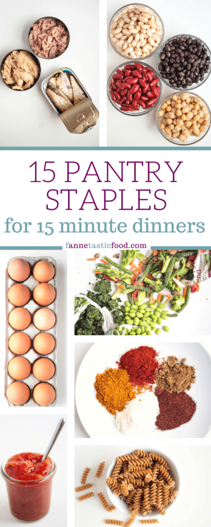 A pantry staples list with canned fish, canned beans, spices, frozen vegetables, pasta, and sauces