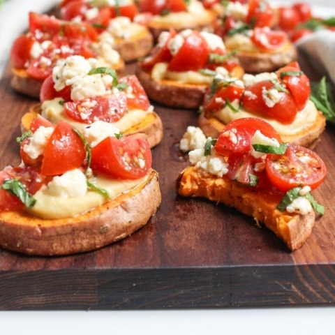 Mediterranean Sweet Potato Appetizer Bites with Hummus & Feta