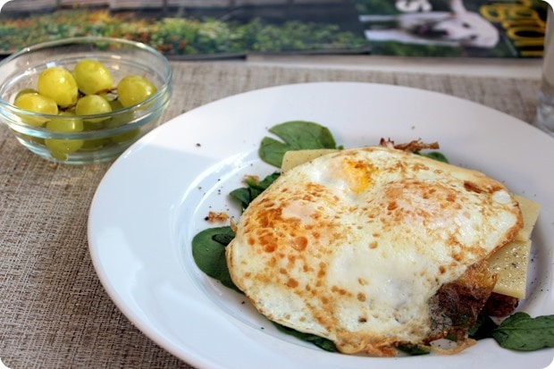 fried eggs toast cheese spinach