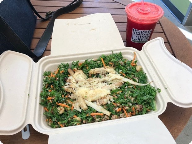 kale caesar salad and juice