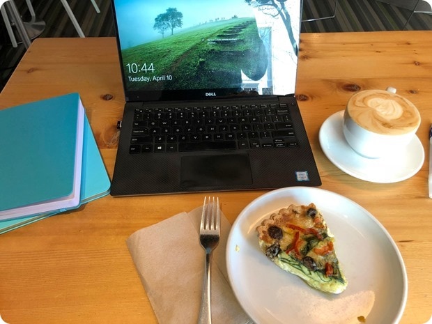 coffee shop work with latte and quiche