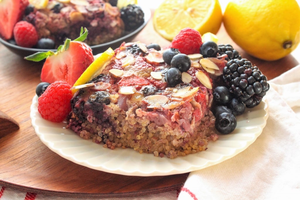 lemon breakfast quinoa with berries and sliced almonds