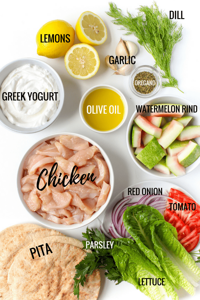 chicken, Greek yogurt, watermelon rind, pita bread, lettuce, tomato, and tzatziki sauce ingredients on a white background