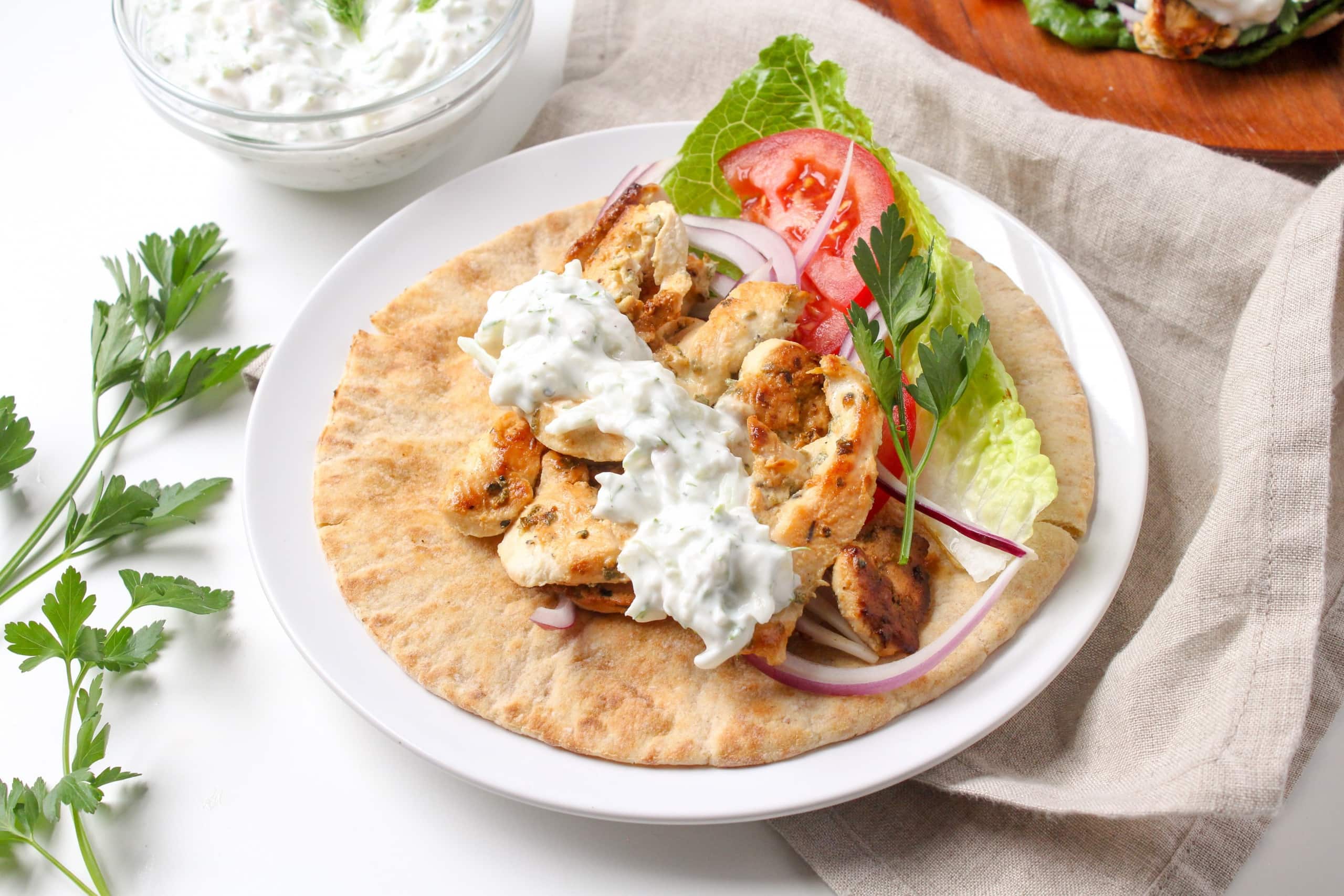 chicken gyros with watermelon rind tzatziki