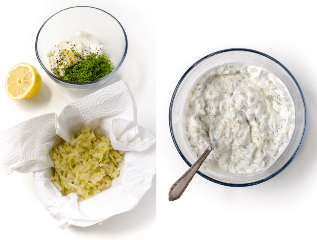 grated watermelon rind with yogurt tzatziki sauce