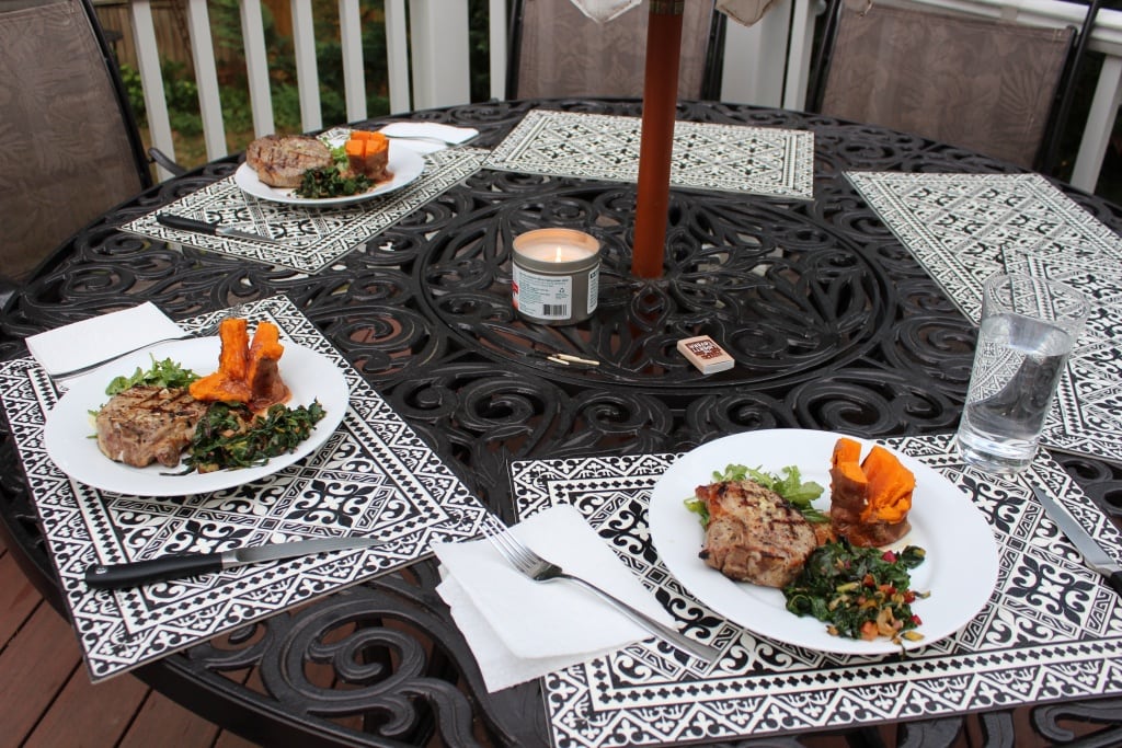 sous vide pork with sweet potatoes and chard