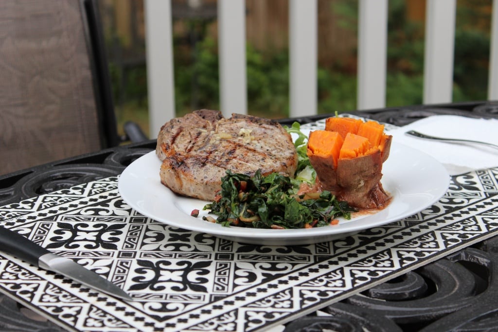 sous vide pork with sweet potatoes and chard