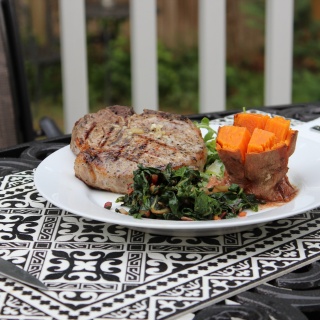 sous vide pork with sweet potatoes and chard