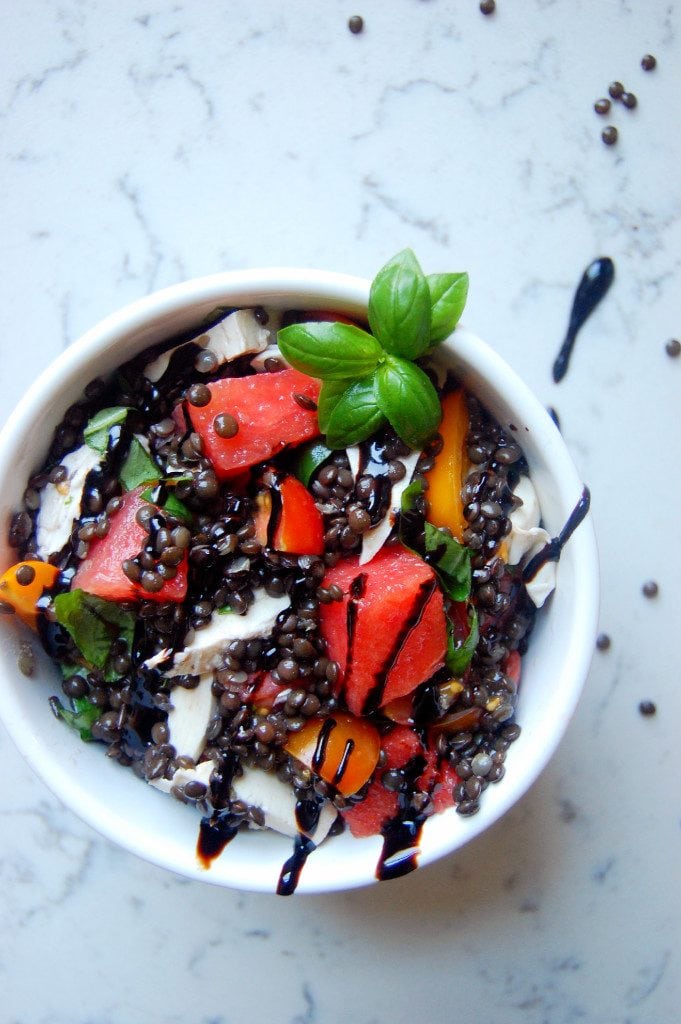 beluga lentil watermelon caprese salad