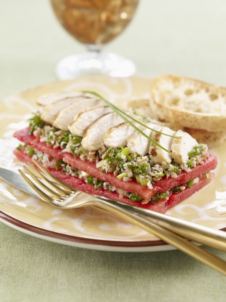 tabouleh stacks with chicken and watermelon