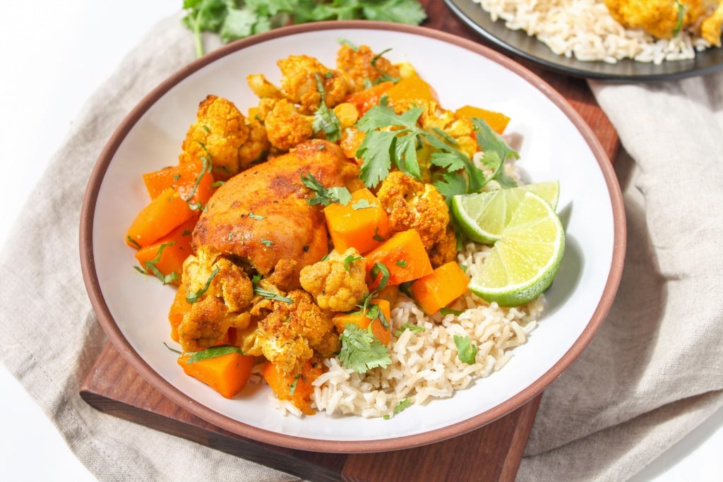 sheet pan maple curry chicken on a plate