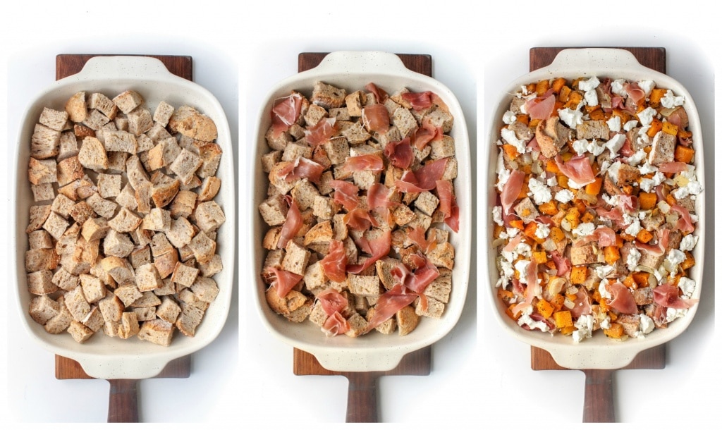 how to make a butternut squash, prosciutto and goat cheese strata recipe