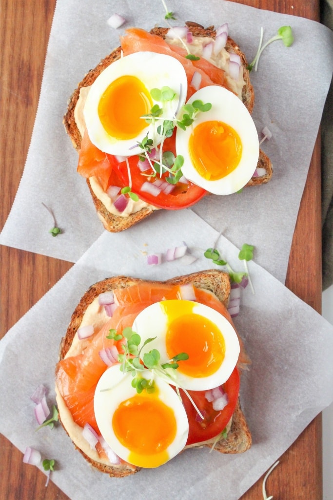 hummus toast with smoked salmon and soft boiled eggs recipe