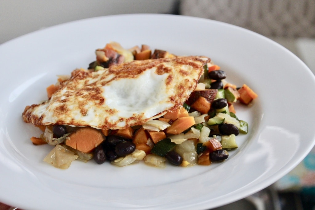 sweet potato hash with fried eggs