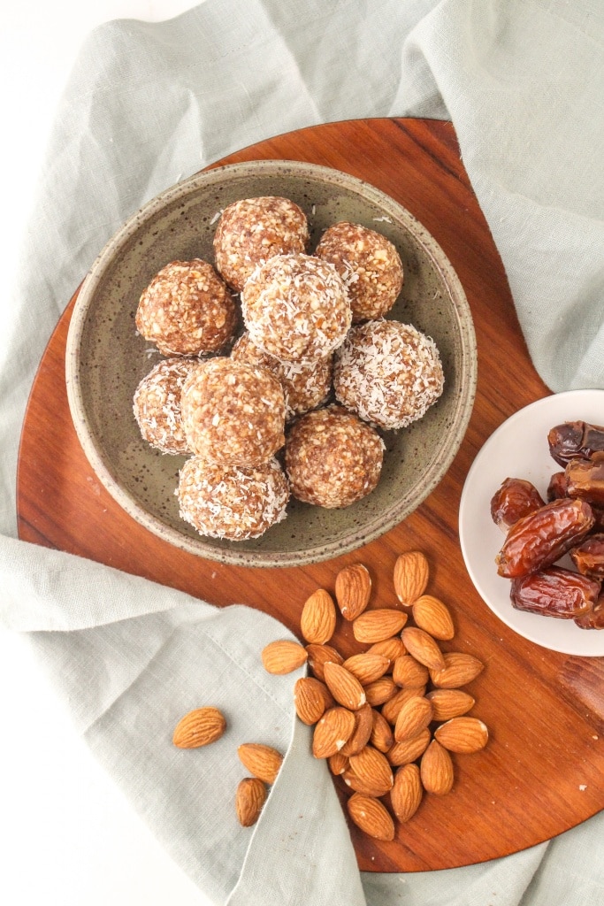 basic no bake energy balls formula recipe Almonds + Dates + Coconut + Cinnamon ingredients
