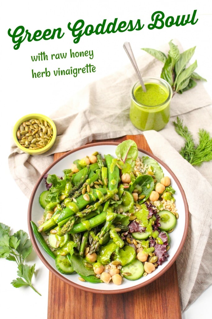 green goddess bowl with raw honey herb vinaigrette
