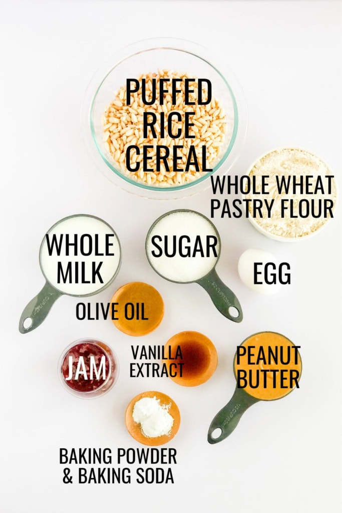 puffed rice cereal, whole wheat pastry flour, egg, sugar, whole milk, jam, peanut butter, and more baking ingredients on a white background