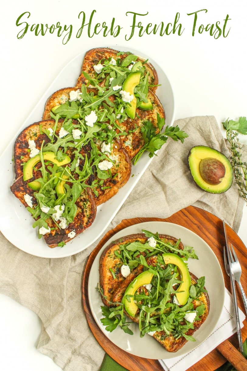 savory french toast with avocado and arugula